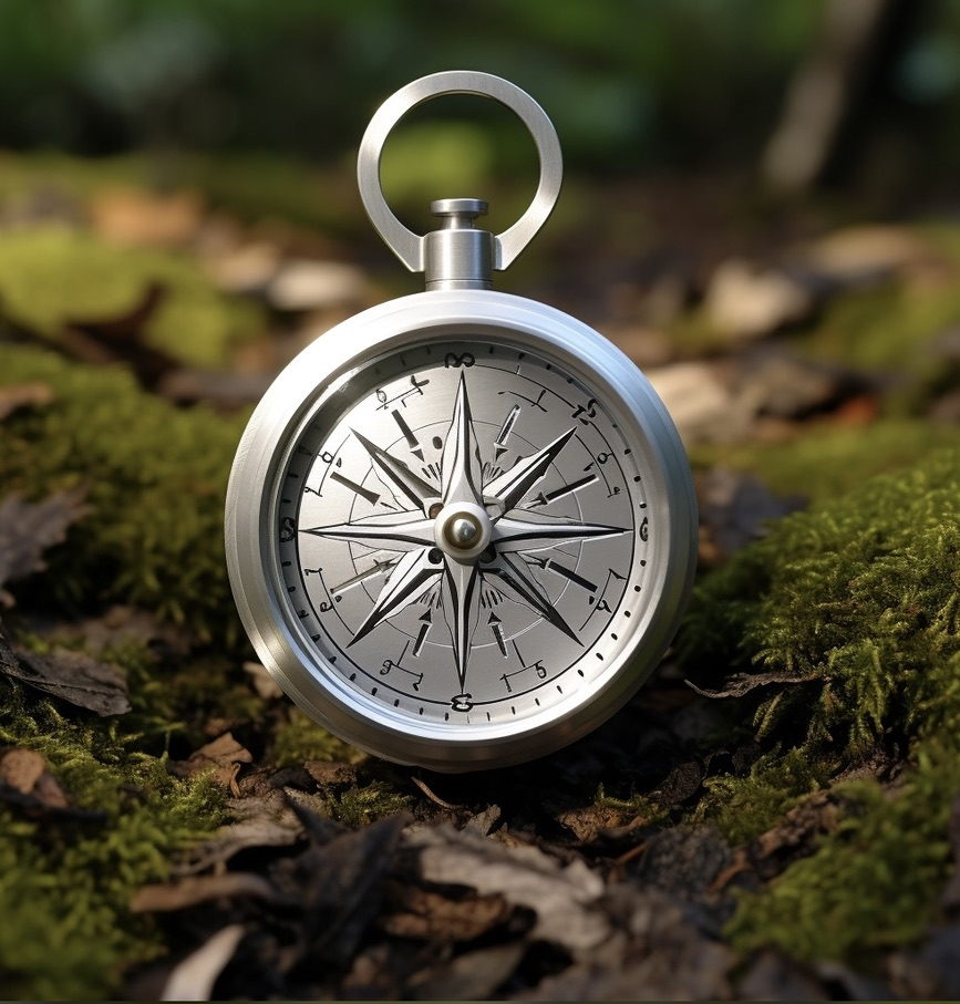 A chrome compass nestled on leaves in the woods conveys the idea of navigation and guidance for teens and their families.