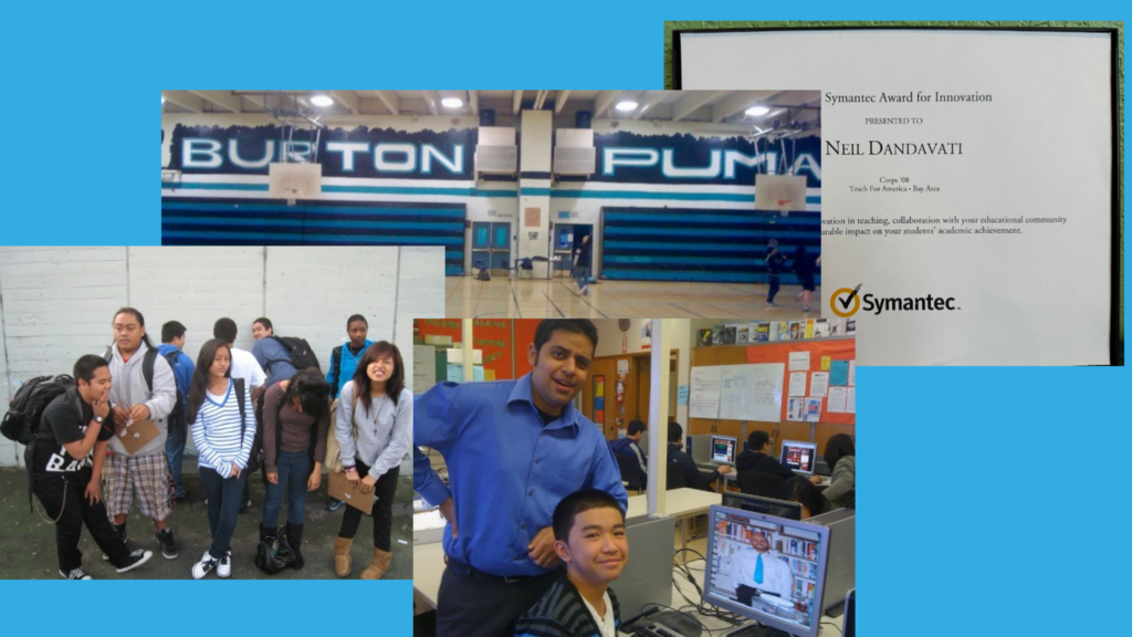 Photos of Neil and students at Burton High School and the Symantec Award for Innovation in Education