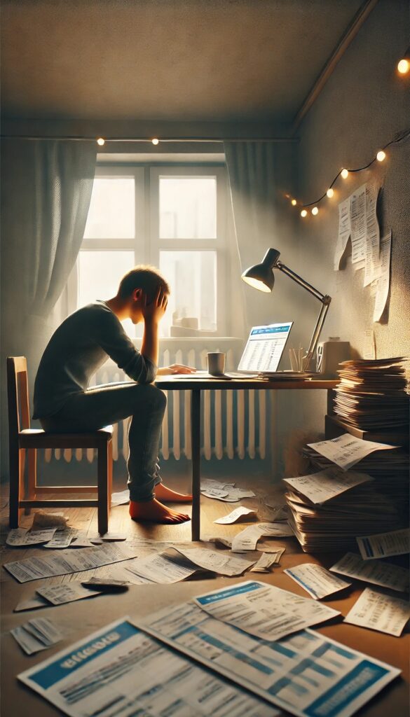 Young man in front of laptop in room with stacks of bills.