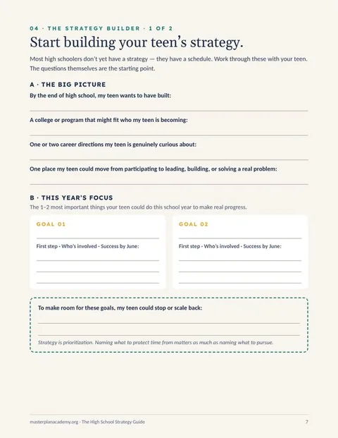 Guide page 7, The Strategy Builder: big-picture questions and two goals for this school year