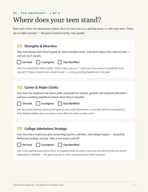 Guide page 5, The Snapshot: rate your teen on strengths, career clarity, and admissions strategy