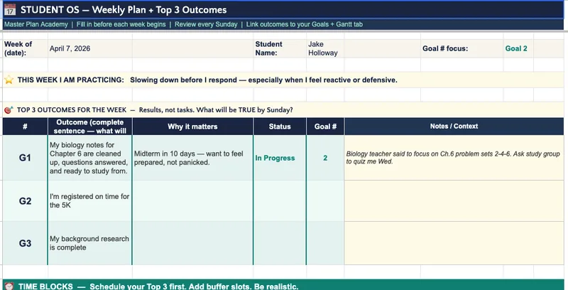Student OS weekly plan with top three outcomes and time blocks